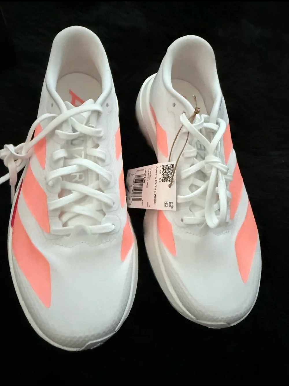 Adidas Adizero Evo SL White Running Shoes, red and orange accents. Size 6.5